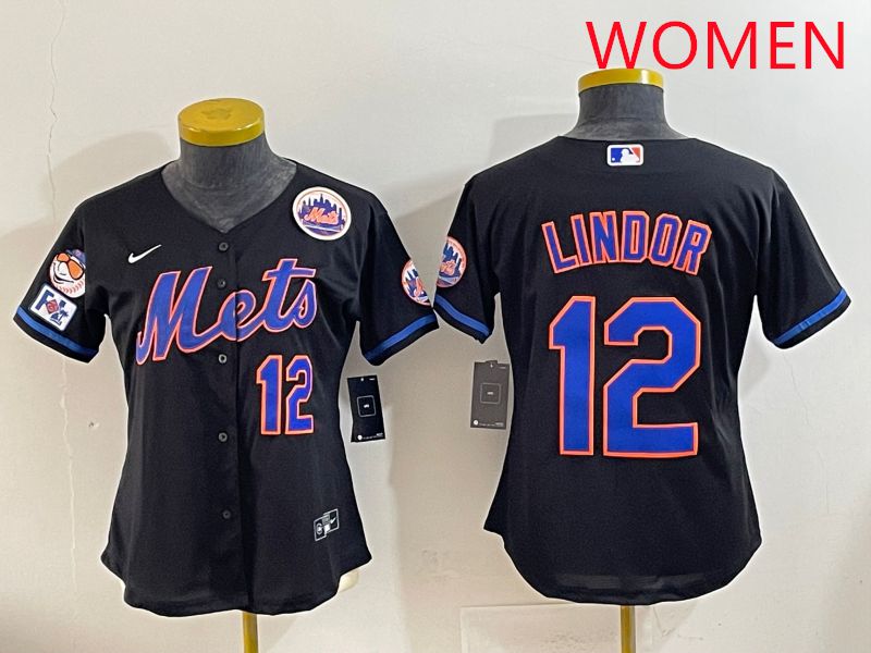 Women 2025 New York Mets #12 Lindor Black Game Nike MLB Jersey style 4